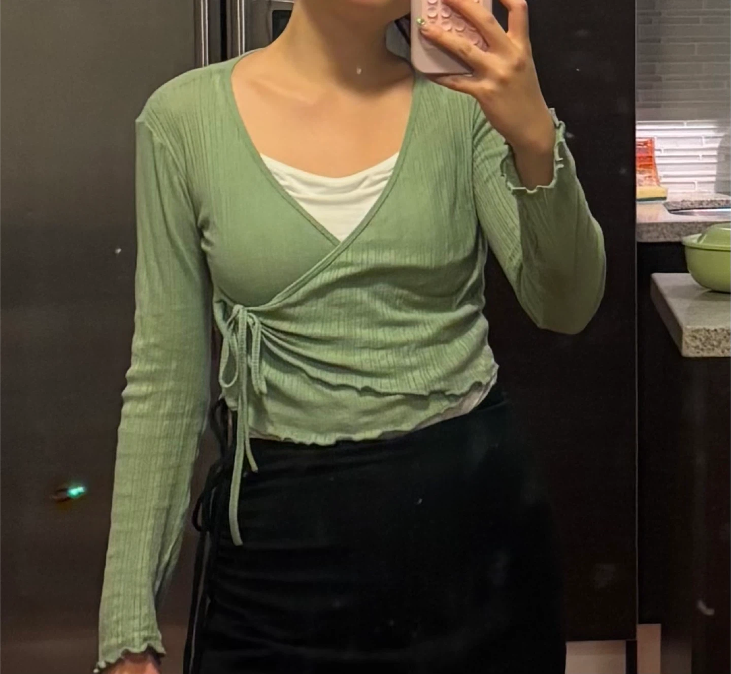 Sage green ribbed wrap top