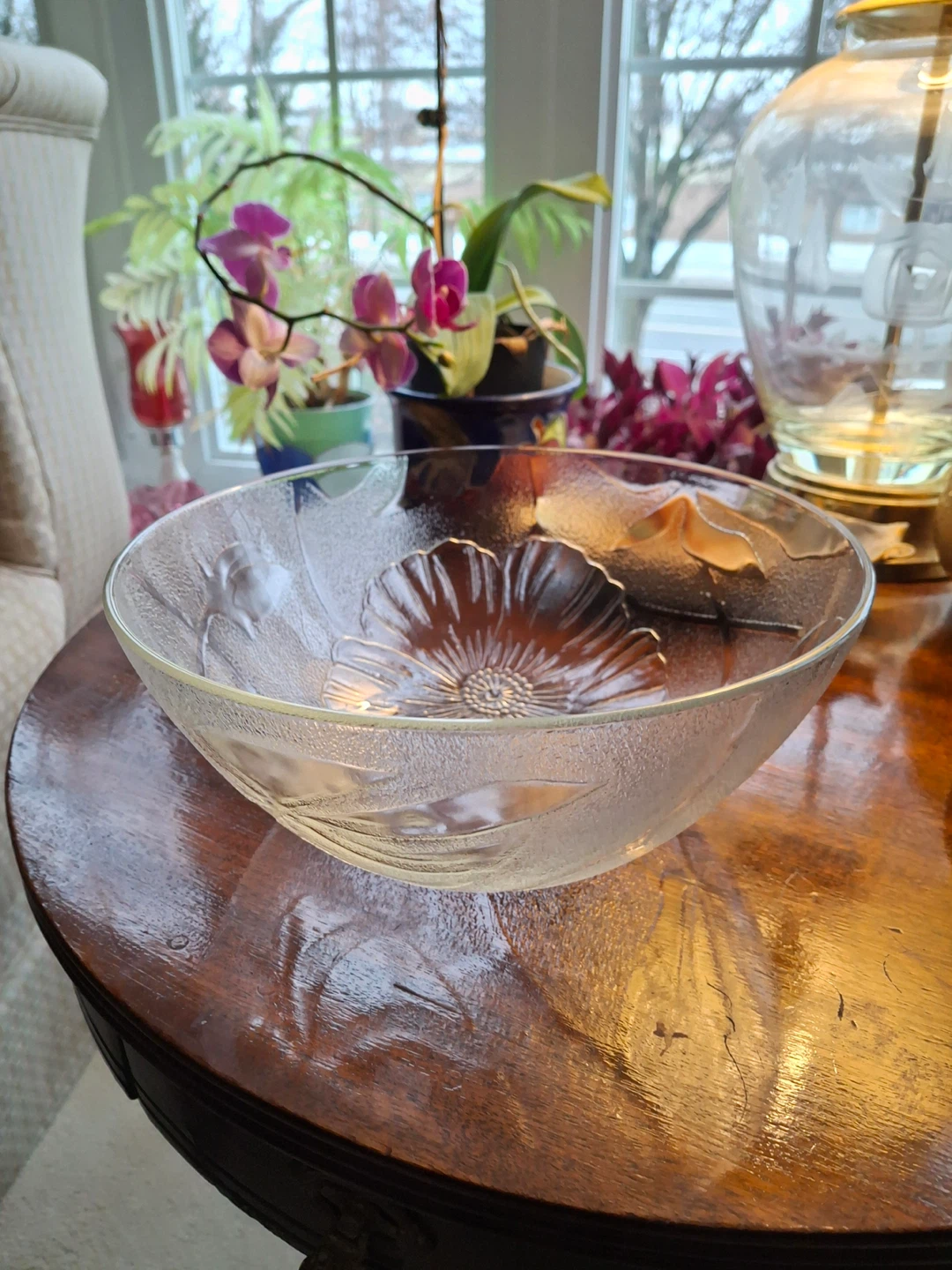 Large glass bowl with flower design