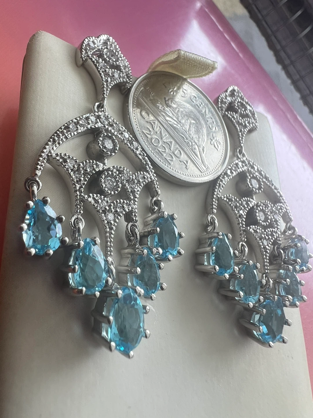 14K White Gold Diamond & Blue Topaz Earrings