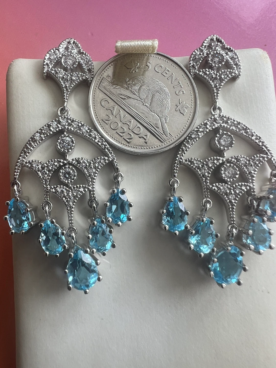 14K White Gold Diamond & Blue Topaz Earrings - photo 4