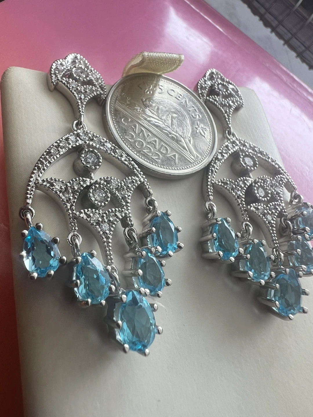 14K White Gold Diamond & Blue Topaz Earrings - photo 2