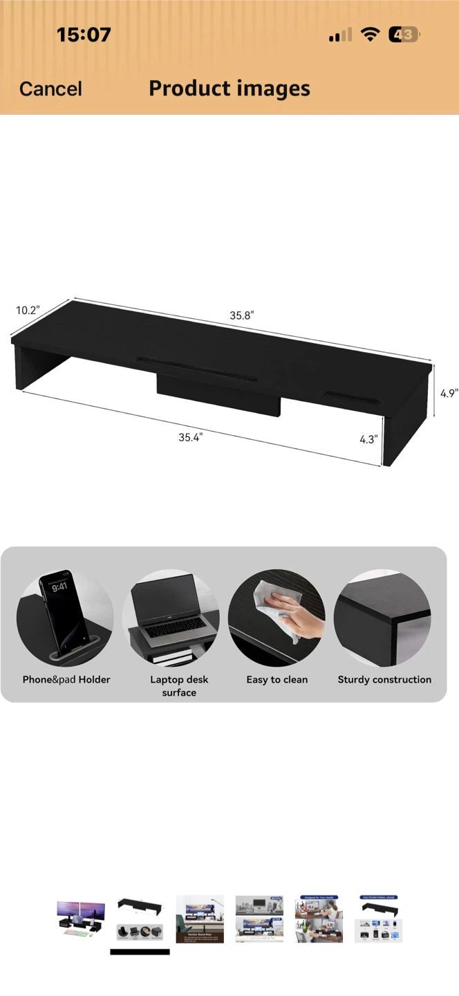 Black Monitor Stand Riser with Drawer - photo 2