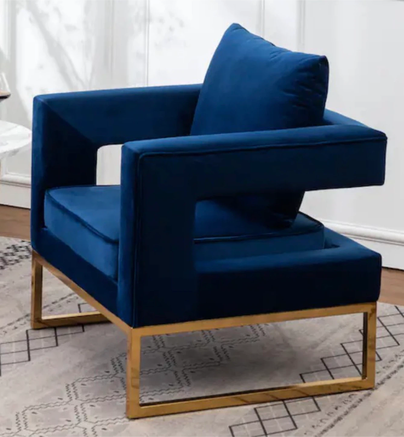 Blue Velvet Armchair with Gold Metal Base