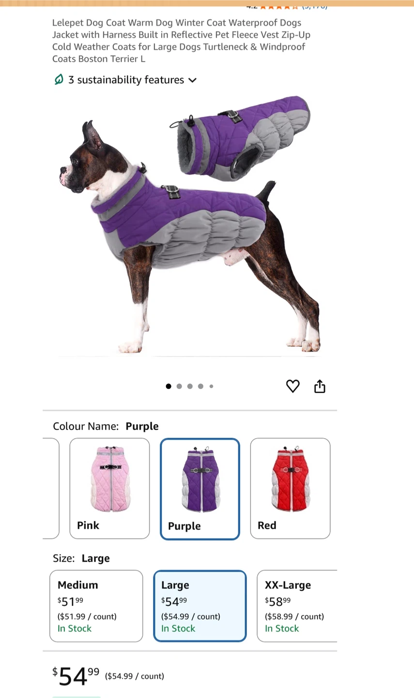Lelepet Dog Winter Coat - Purple, Large