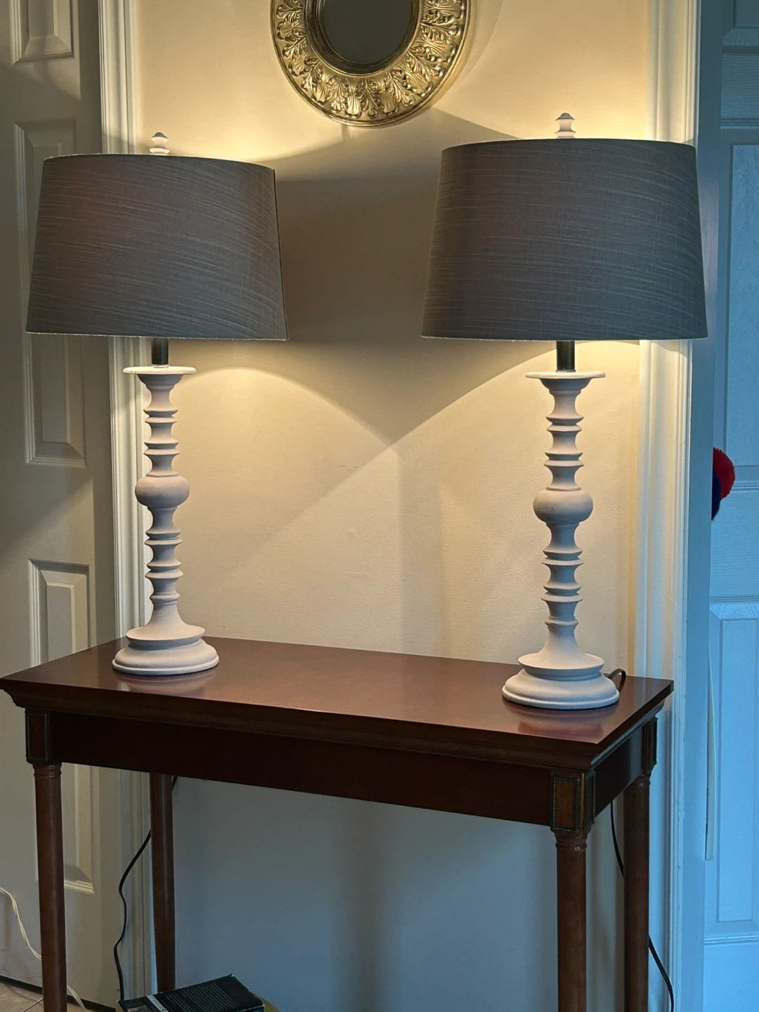 Pair of White Table Lamps with Grey Fabric Shades