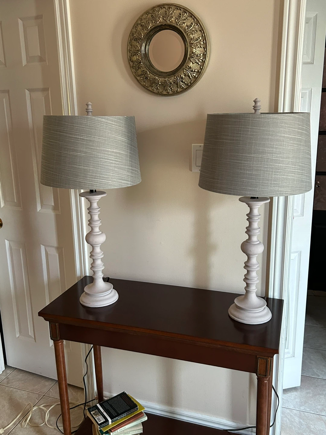 Pair of White Table Lamps with Grey Fabric Shades - photo 2