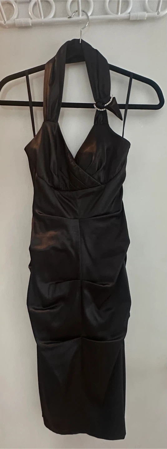XXS Black Satin Ruched Halter Dress