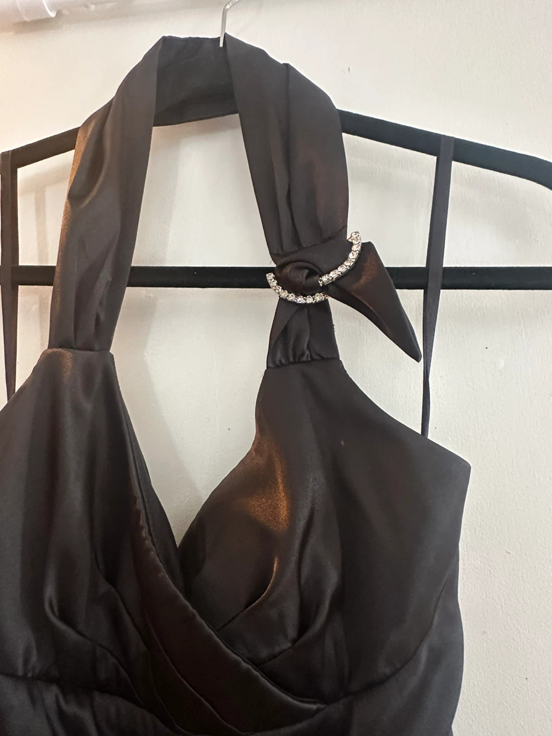 XXS Black Satin Ruched Halter Dress - photo 3