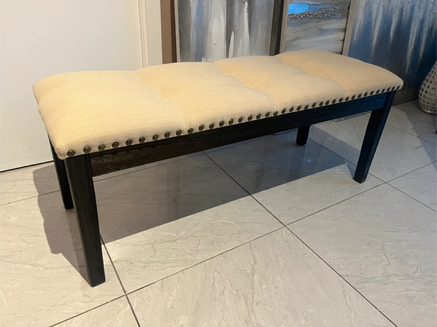 Tufted Upholstered Bench - Beige with Dark Brown wooden legs