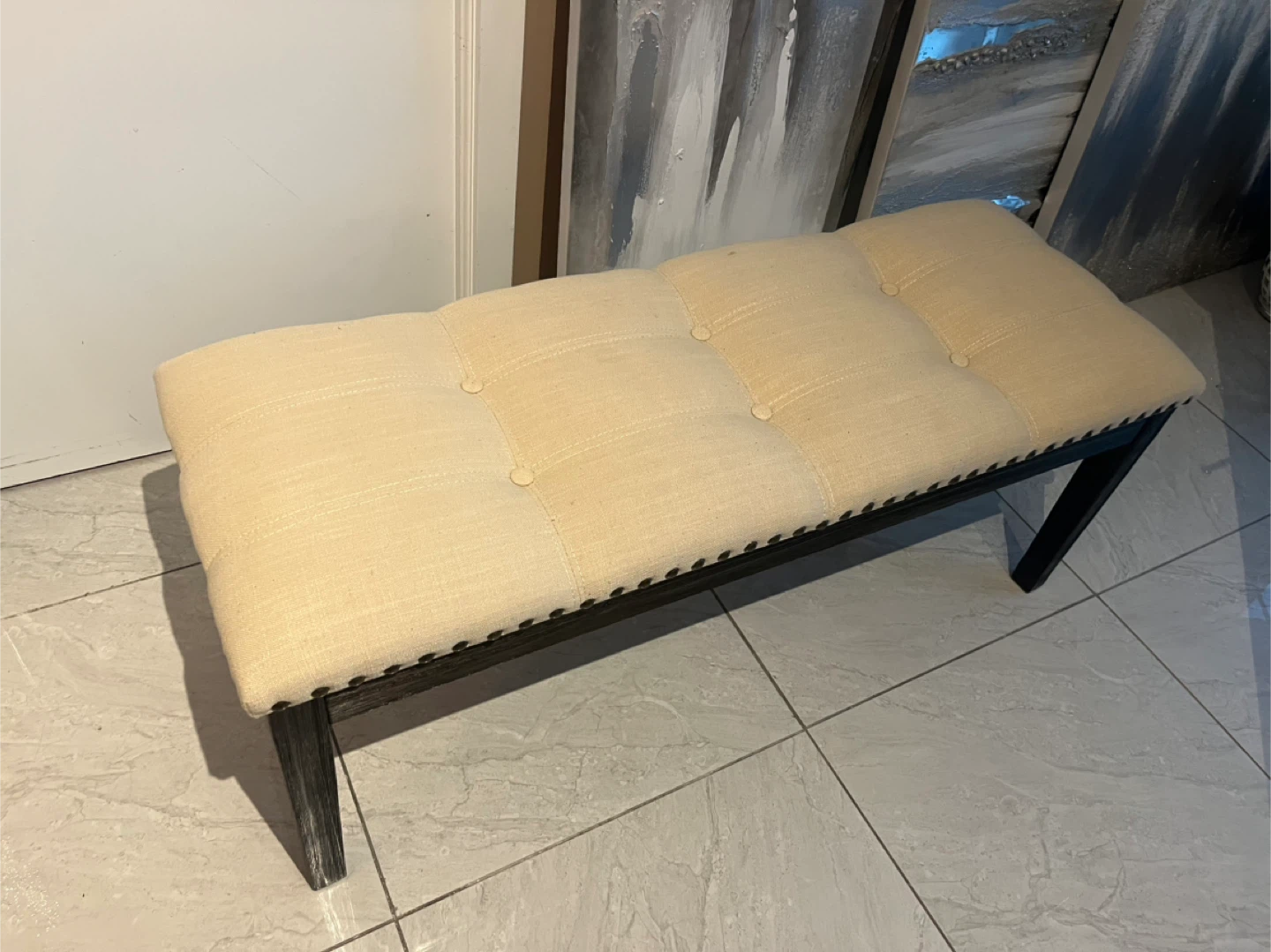 Tufted Upholstered Bench - Beige with Dark Brown wooden legs - photo 3