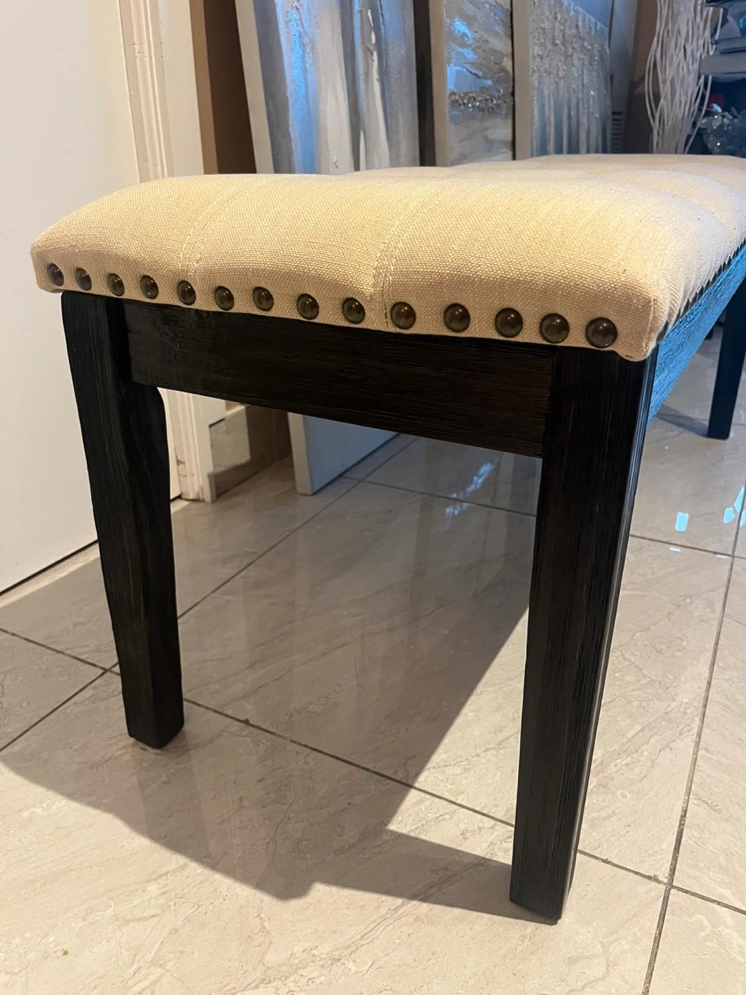 Tufted Upholstered Bench - Beige with Dark Brown wooden legs - photo 5