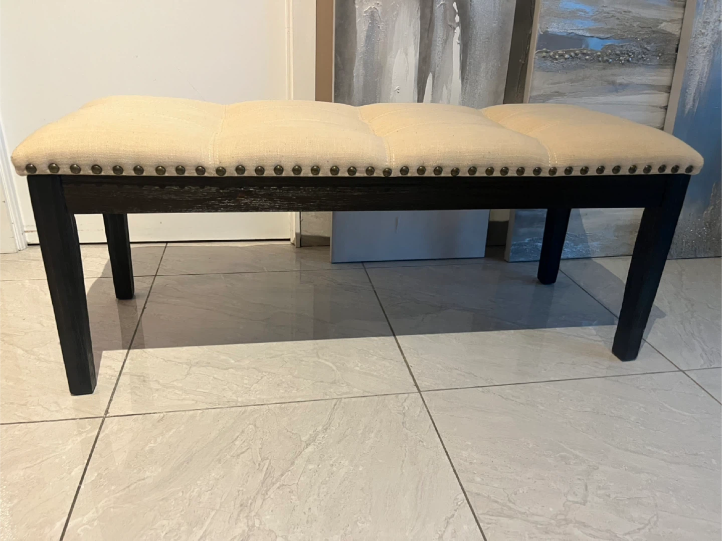 Tufted Upholstered Bench - Beige with Dark Brown wooden legs - photo 2