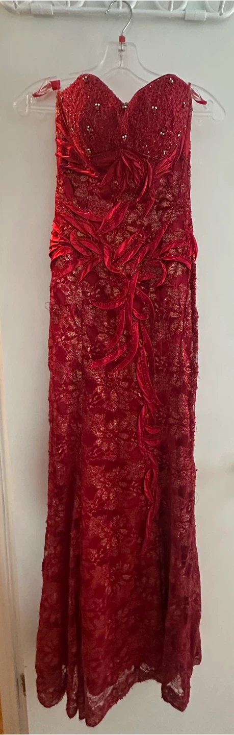 XS Red strapless formal dress with scarf