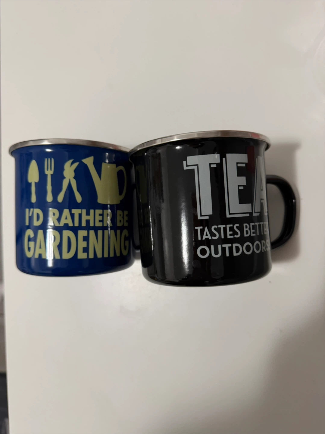 Set of 2 Enamel Camp Mugs - Gardening & Tea