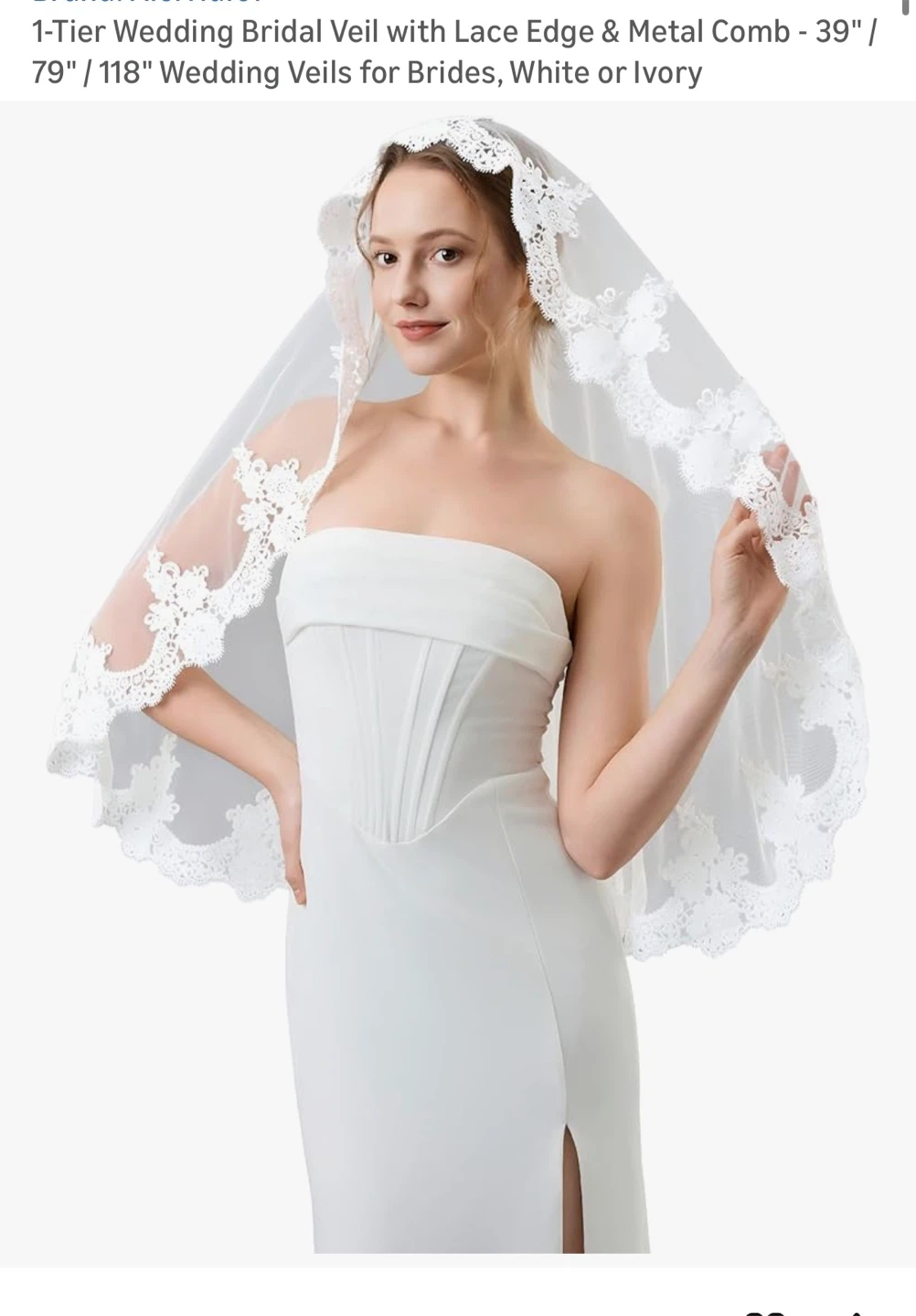 1-Tier Wedding Veil with Lace Edge & Metal Comb - White/Ivory