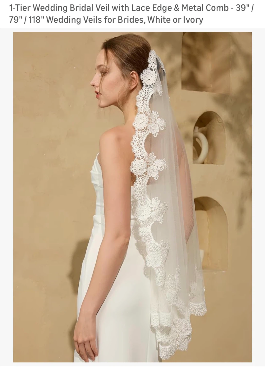 1-Tier Wedding Veil with Lace Edge & Metal Comb - White/Ivory - photo 5