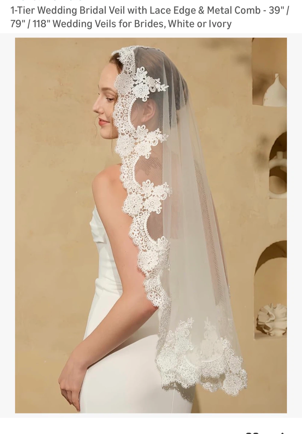 1-Tier Wedding Veil with Lace Edge & Metal Comb - White/Ivory - photo 3