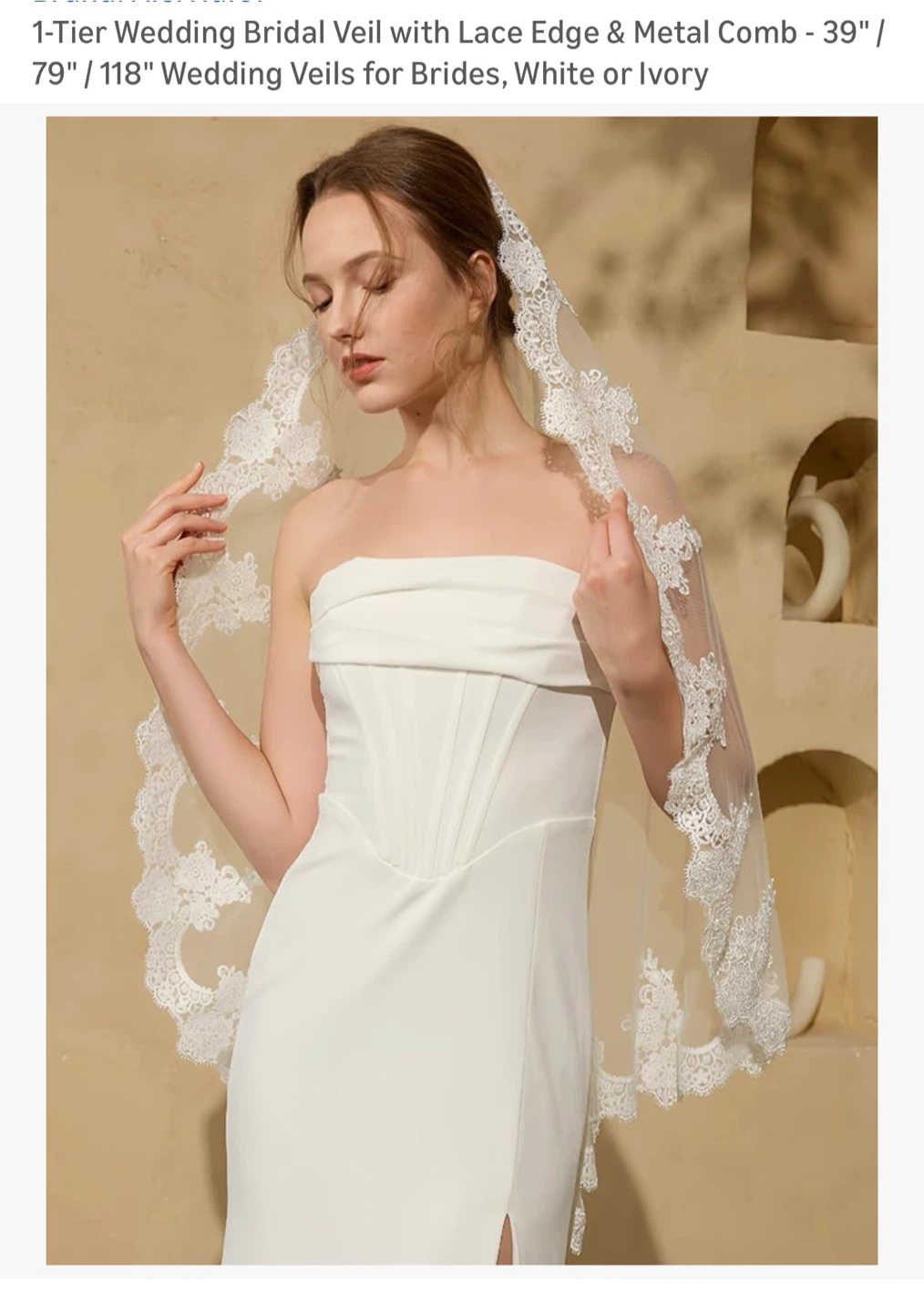 1-Tier Wedding Veil with Lace Edge & Metal Comb - White/Ivory - photo 4
