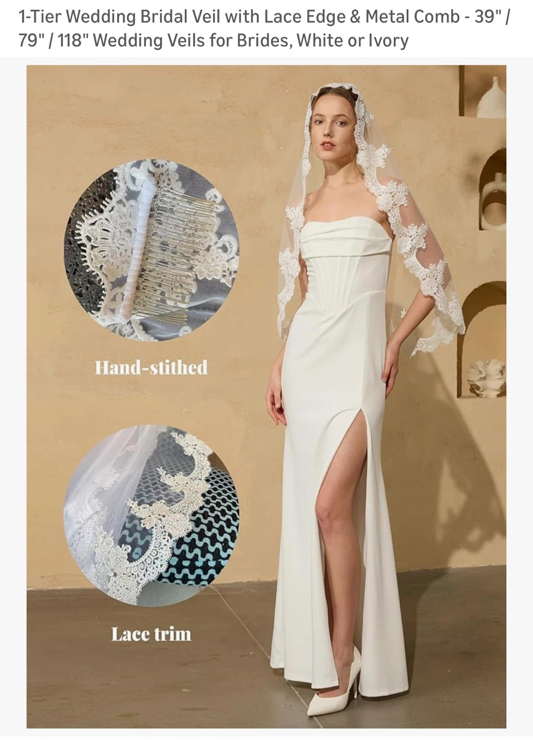 1-Tier Wedding Veil with Lace Edge & Metal Comb - White/Ivory - photo 2