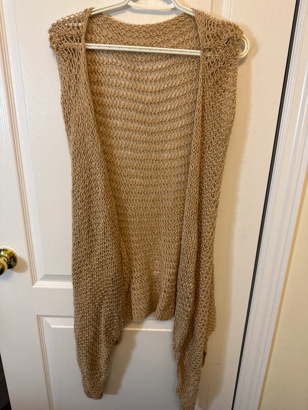 Tan Knit Open Weave Long Vest