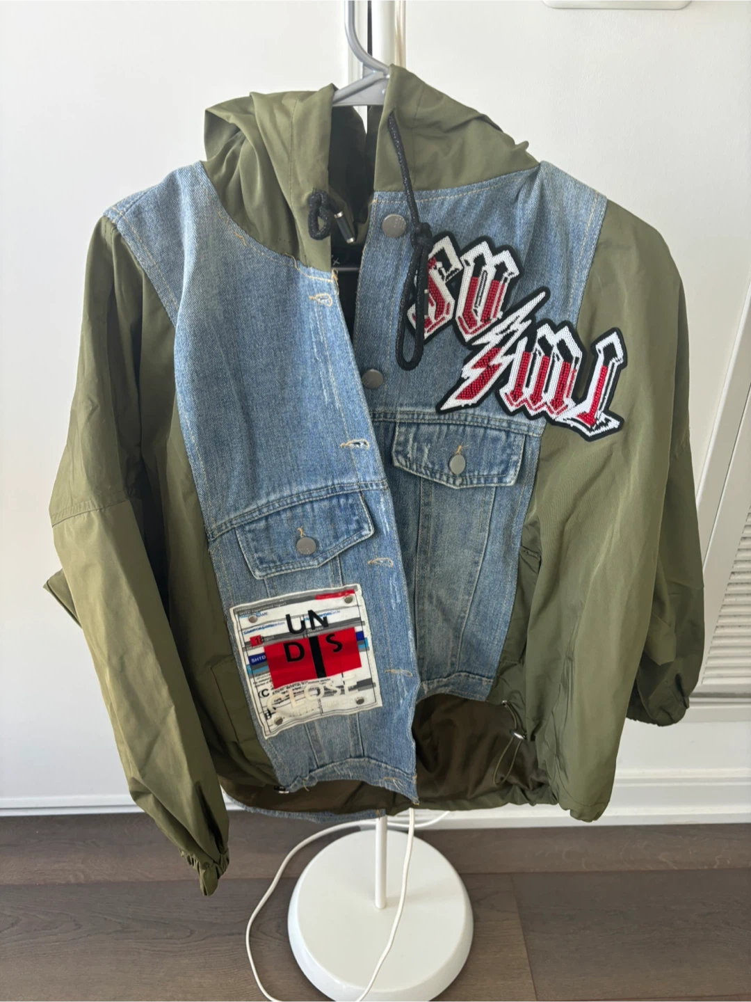 Green and Denim Hooded Jacket with Patches