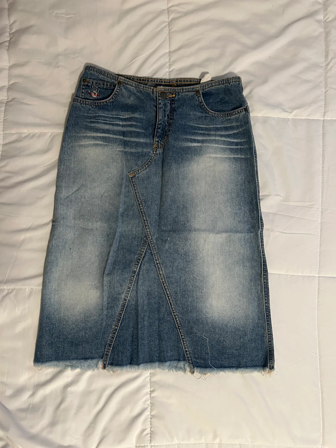 Vintage Y2K Mudd Blue Denim Mid Skirt with Frayed Bottom Hem