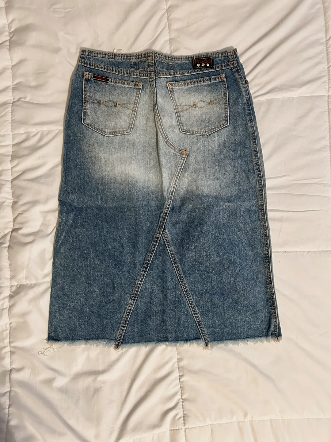 Vintage Y2K Mudd Blue Denim Mid Skirt with Frayed Bottom Hem - photo 2