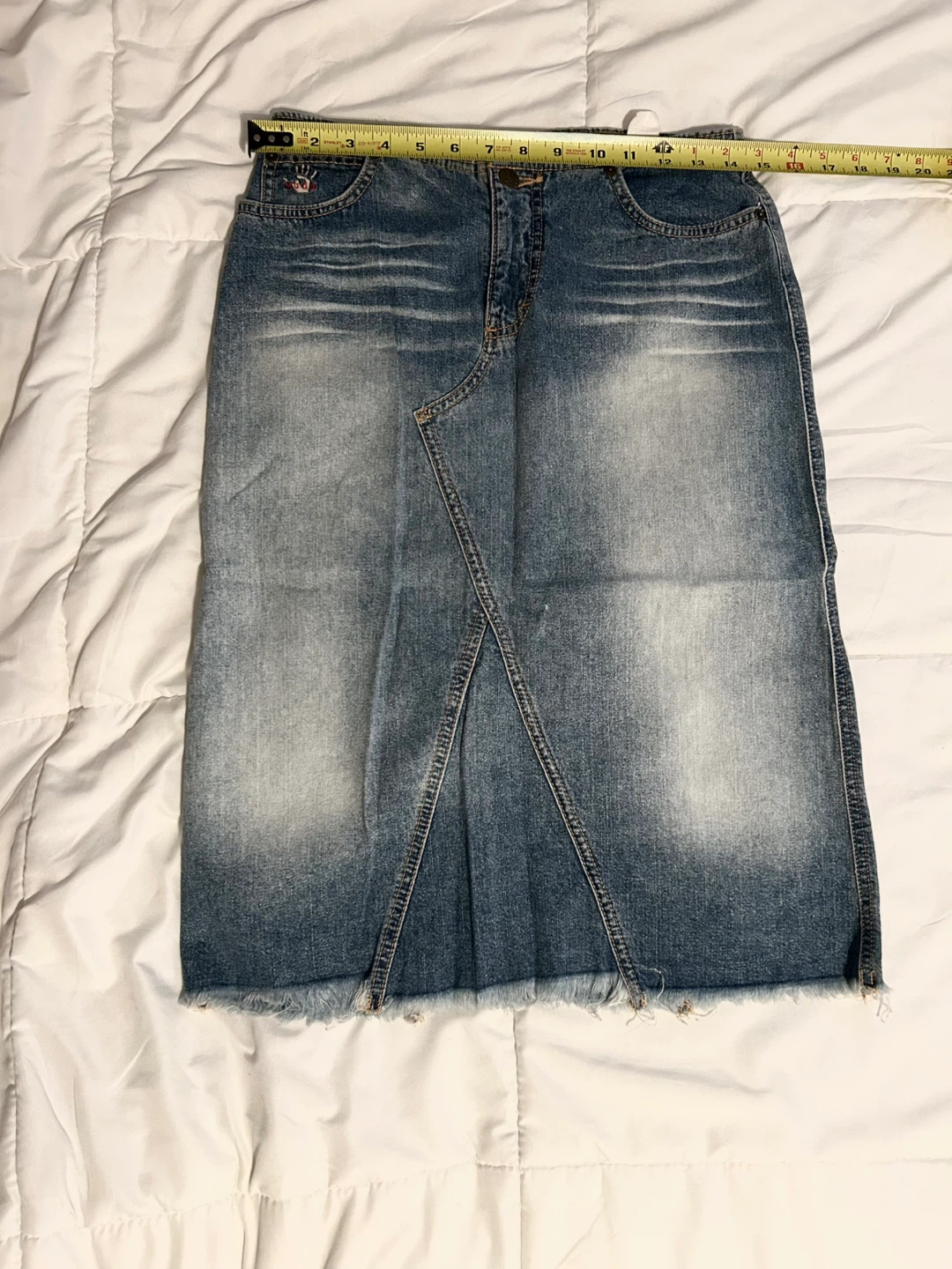 Vintage Y2K Mudd Blue Denim Mid Skirt with Frayed Bottom Hem - photo 5