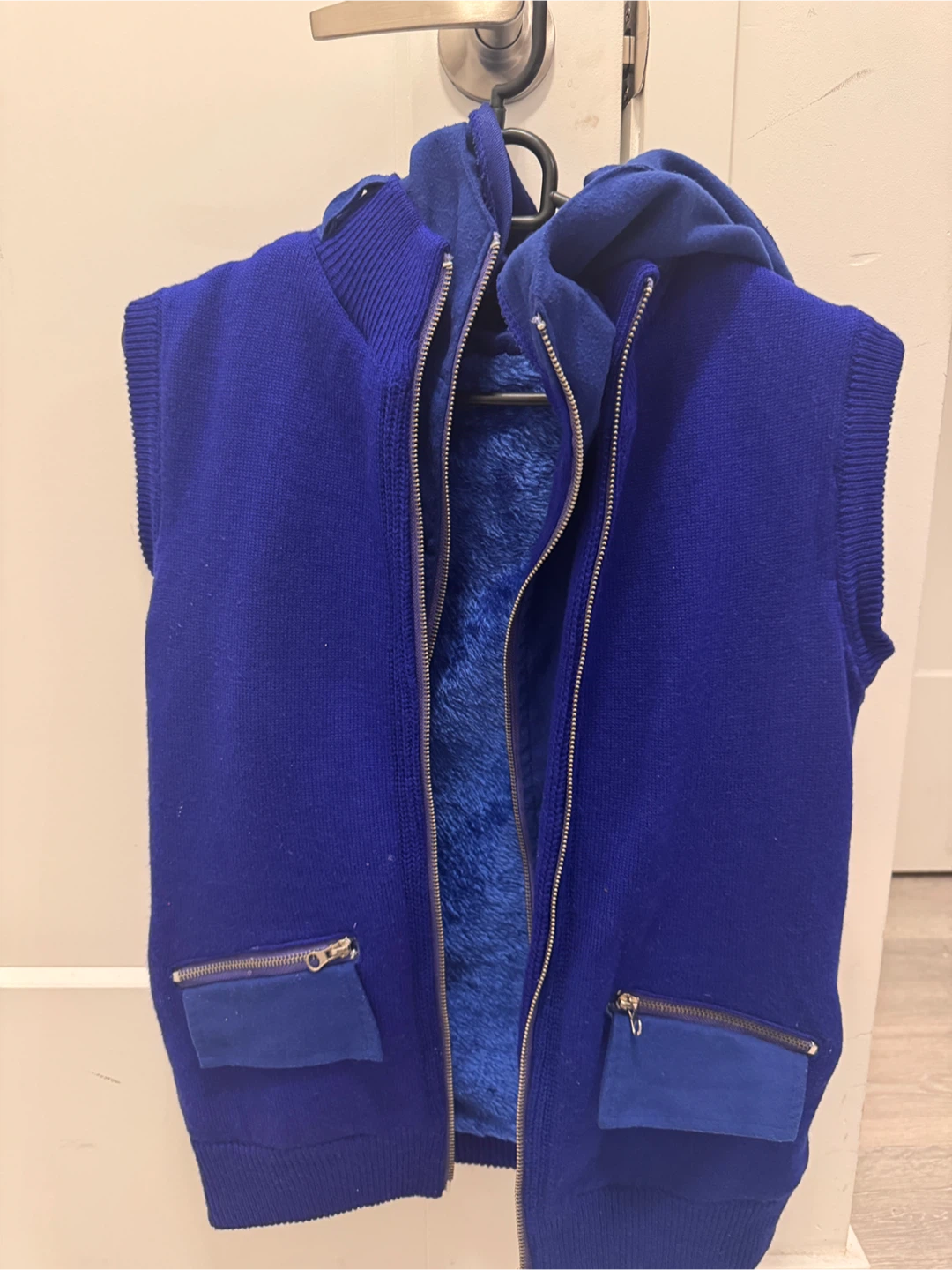 Blue Sleeveless Knit Hoodie Vest