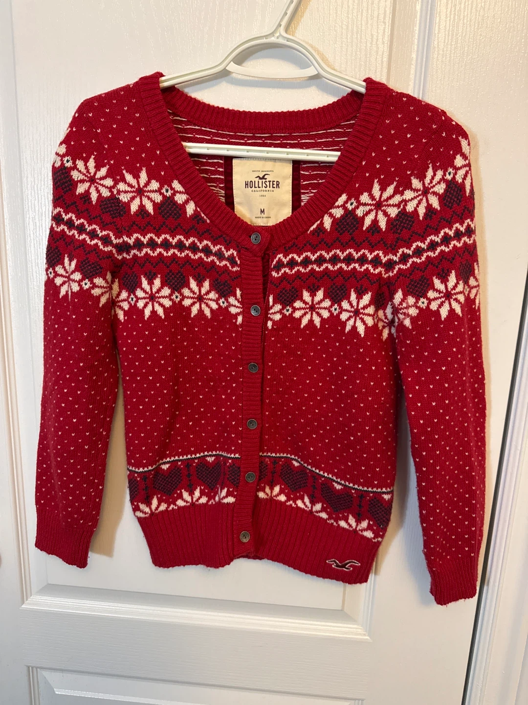 Hollister Red Snowflake Fair Isle Cardigan Sweater - Size M