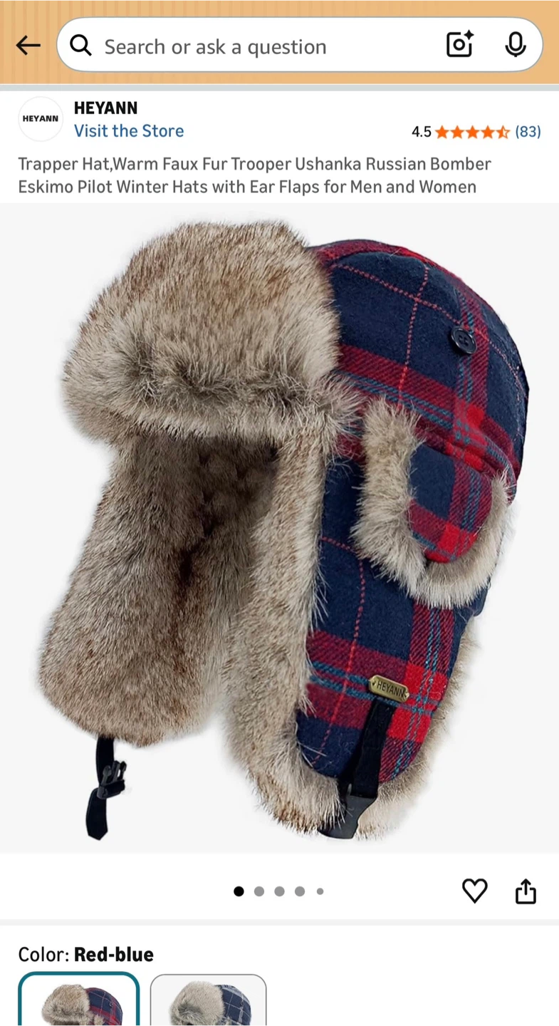 🥕 HEYANN Trapper Hat - Red-Blue Plaid Warm Faux Fur - photo 2