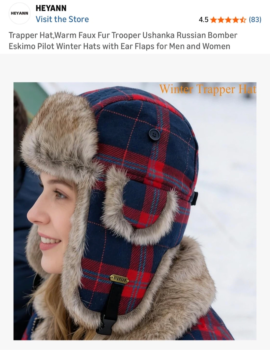 🥕 HEYANN Trapper Hat - Red-Blue Plaid Warm Faux Fur - photo 5