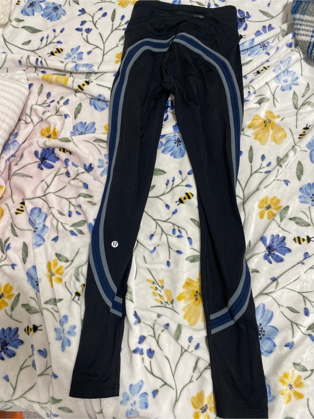Lululemon Black Leggings with Grey and Blue Stripes