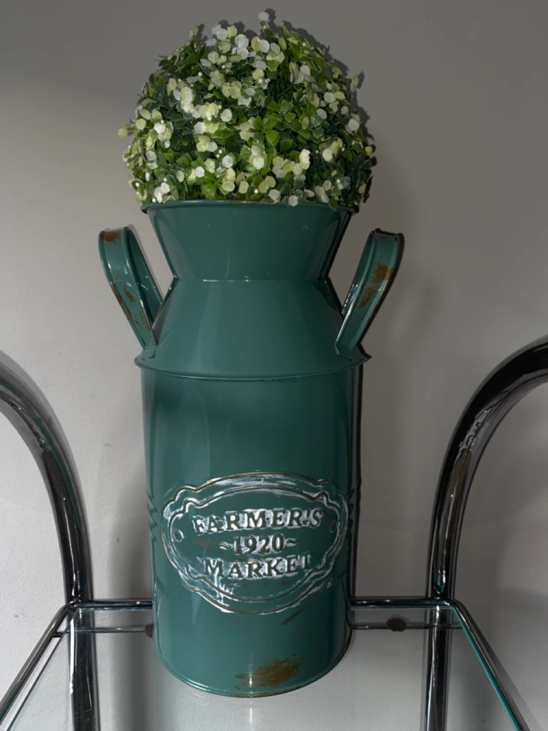 Decorative "Farmers Market 1920" Milk Can with Faux Plant