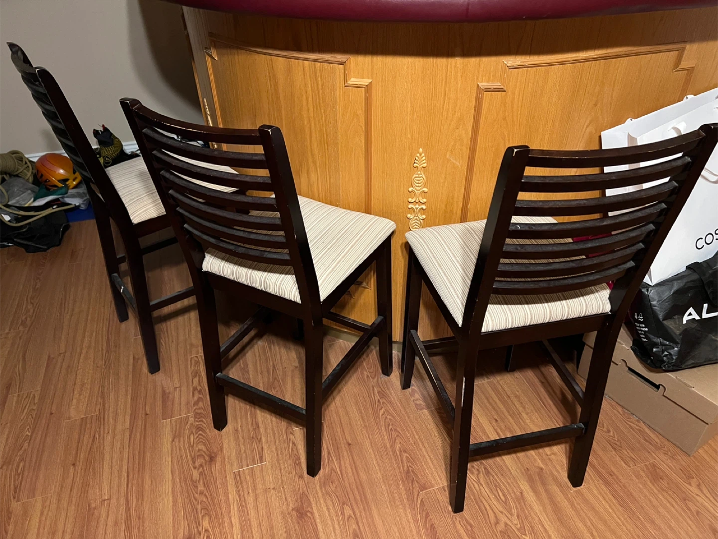 Set of 3 Dark Brown and Beige Striped Counter Height Stools