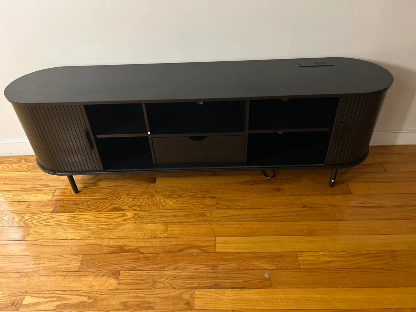 Black TV Stand with Storage and Built-in Outlet - photo 2