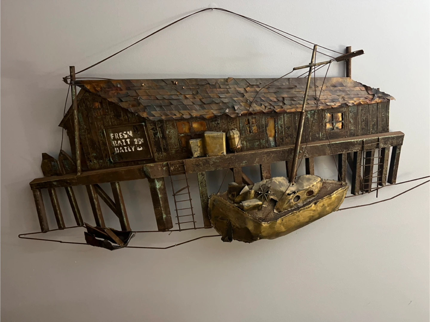 Vintage Metal Wall Art - Fishing Shack & Boat Scene - photo 2