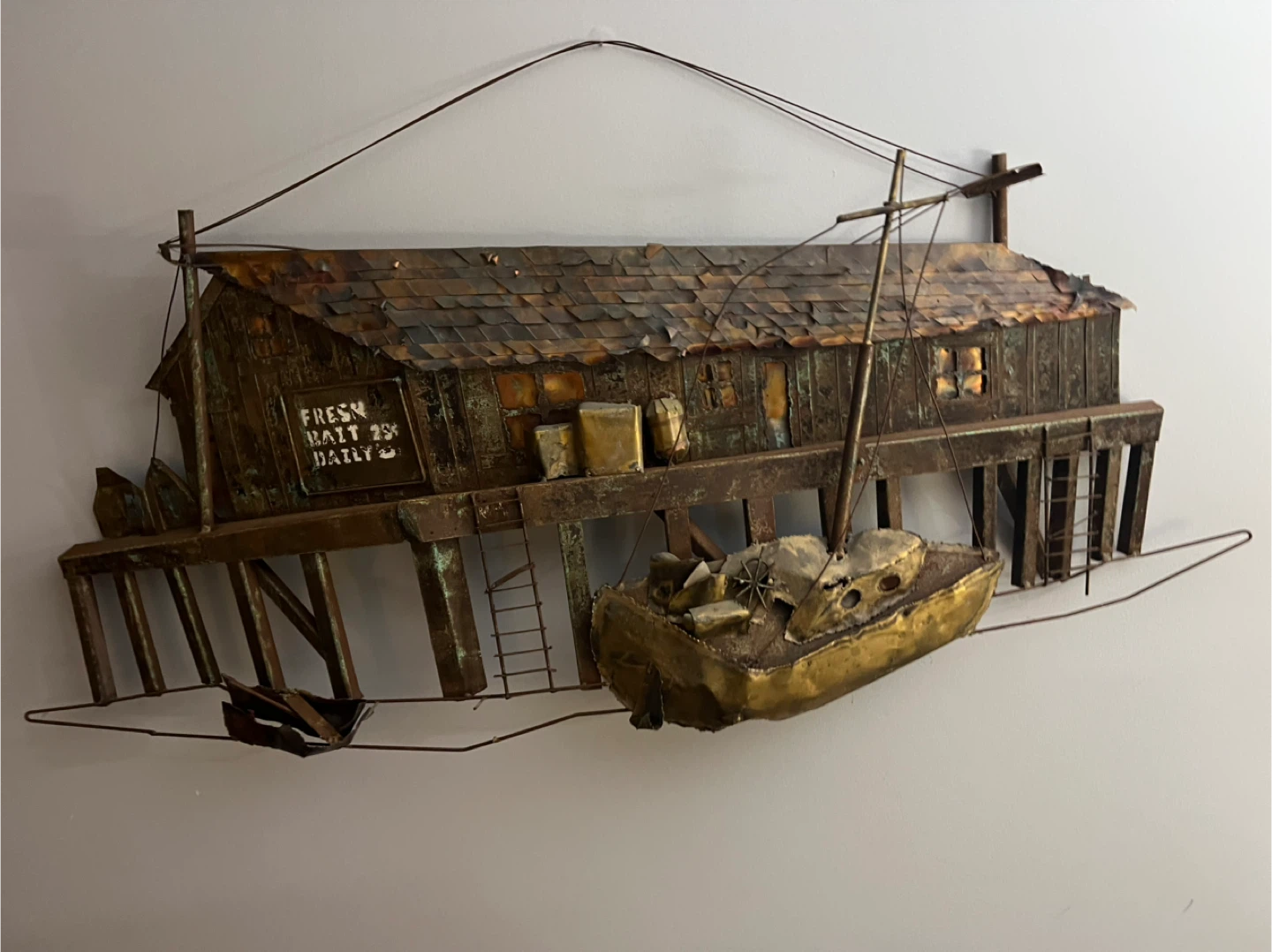 Vintage Metal Wall Art - Fishing Shack & Boat Scene