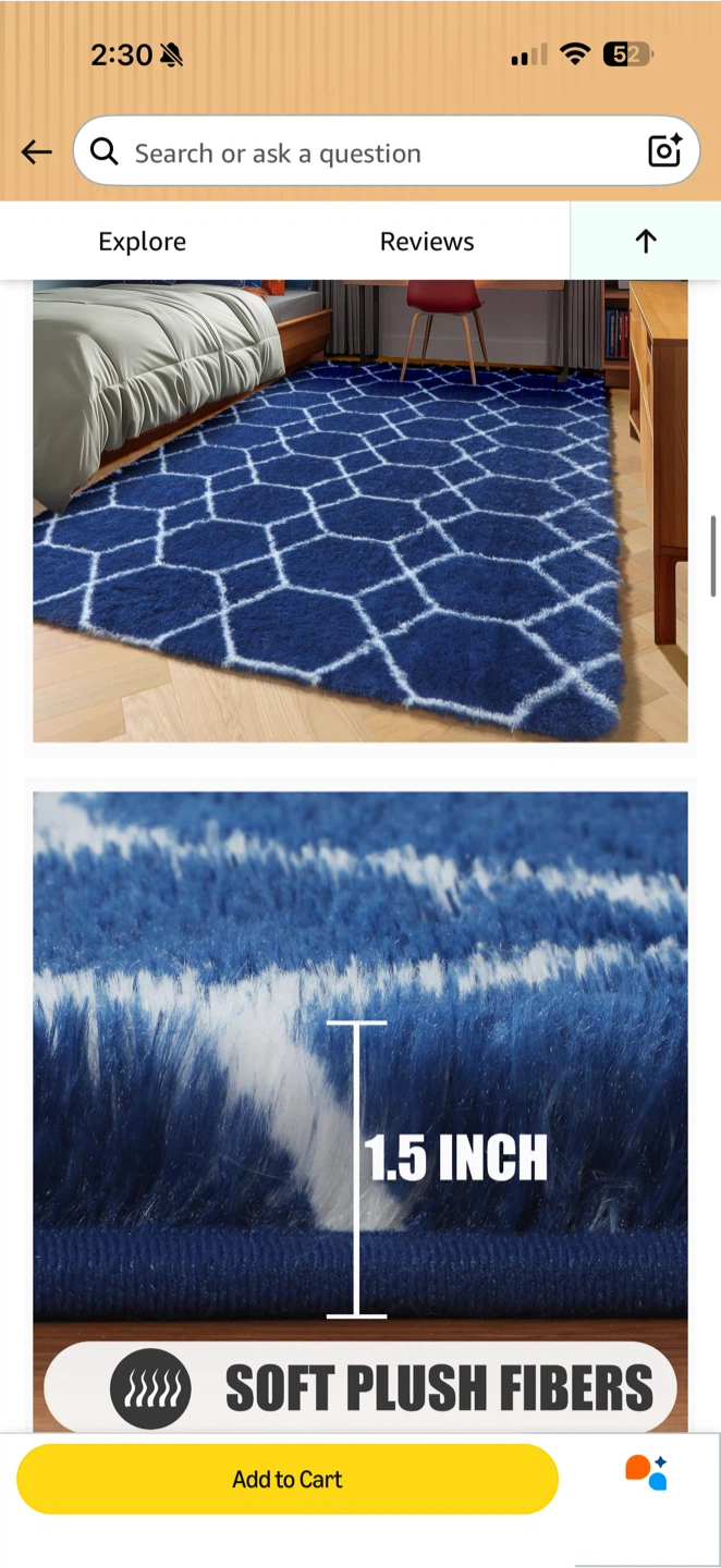 6’ x 4’ Navy & White Plush Shag Area Rug  – Open Box - photo 3