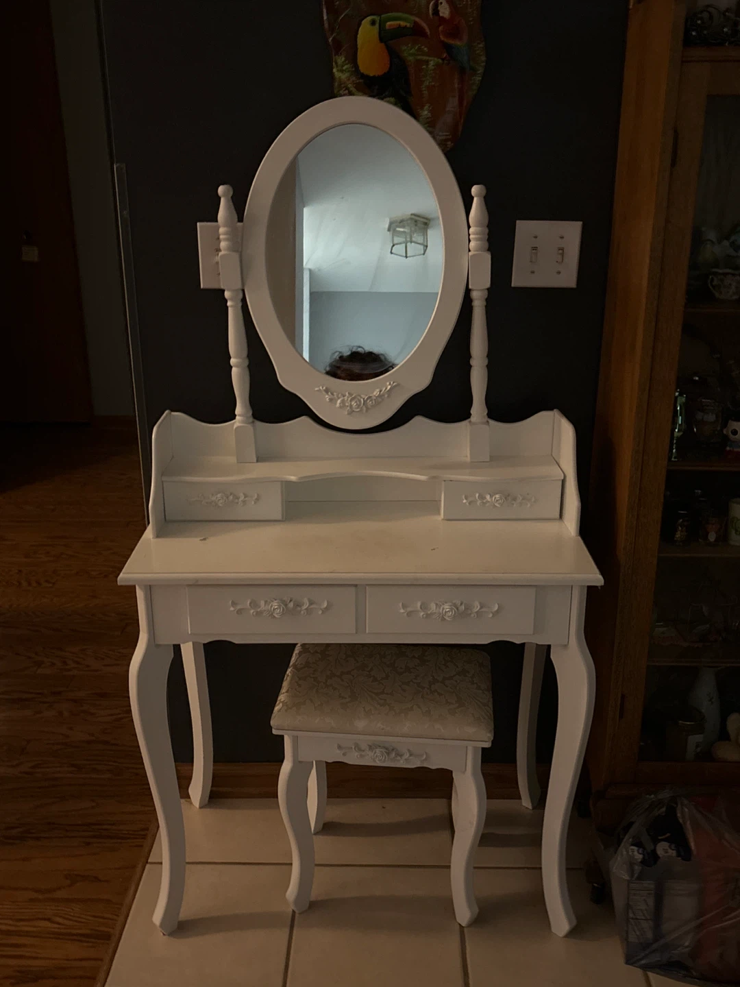 White Vanity Table with Mirror and Stool