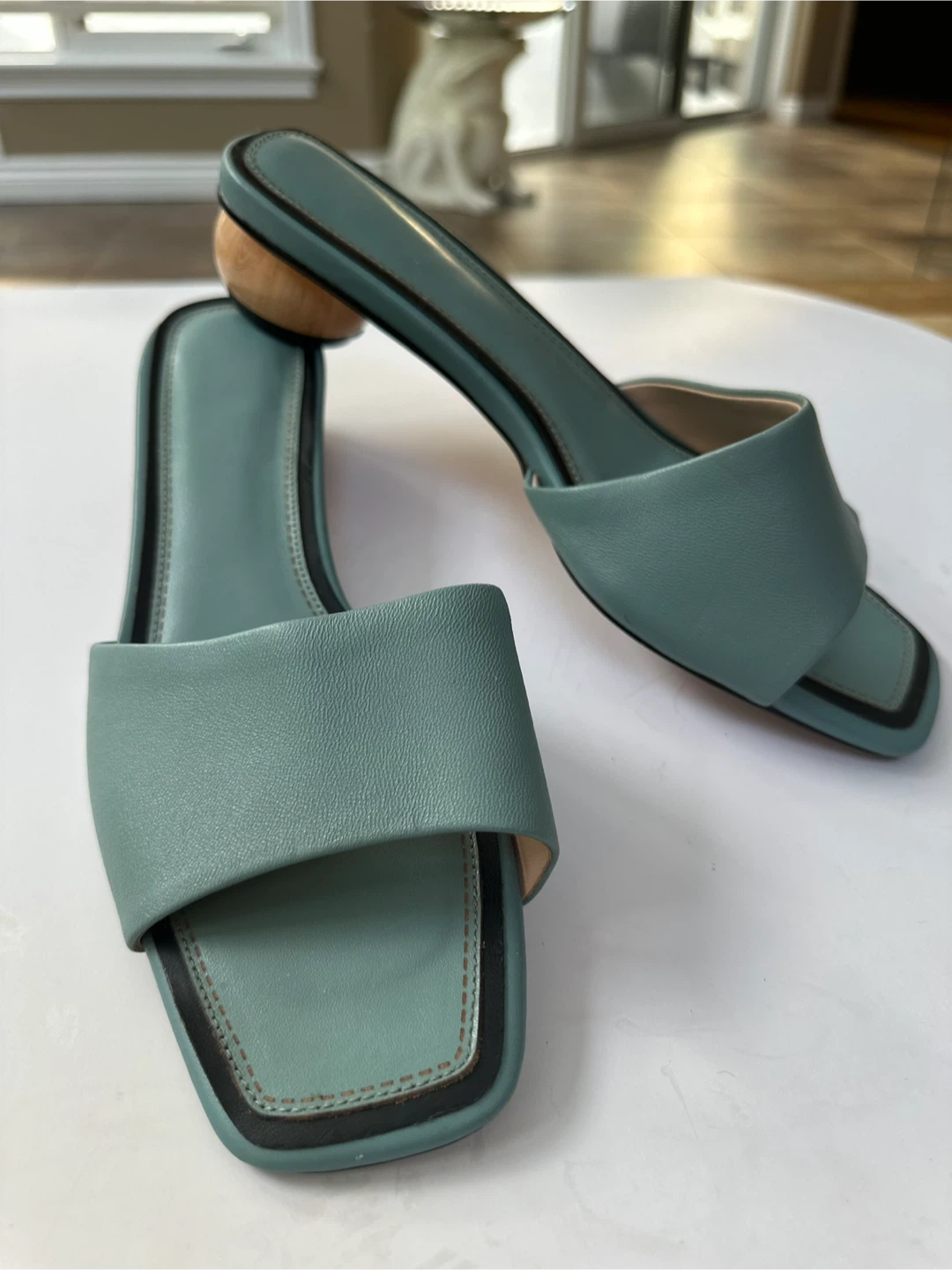 New! Stylish turquoise sandals with wooden heels  Sz. 8-8.5