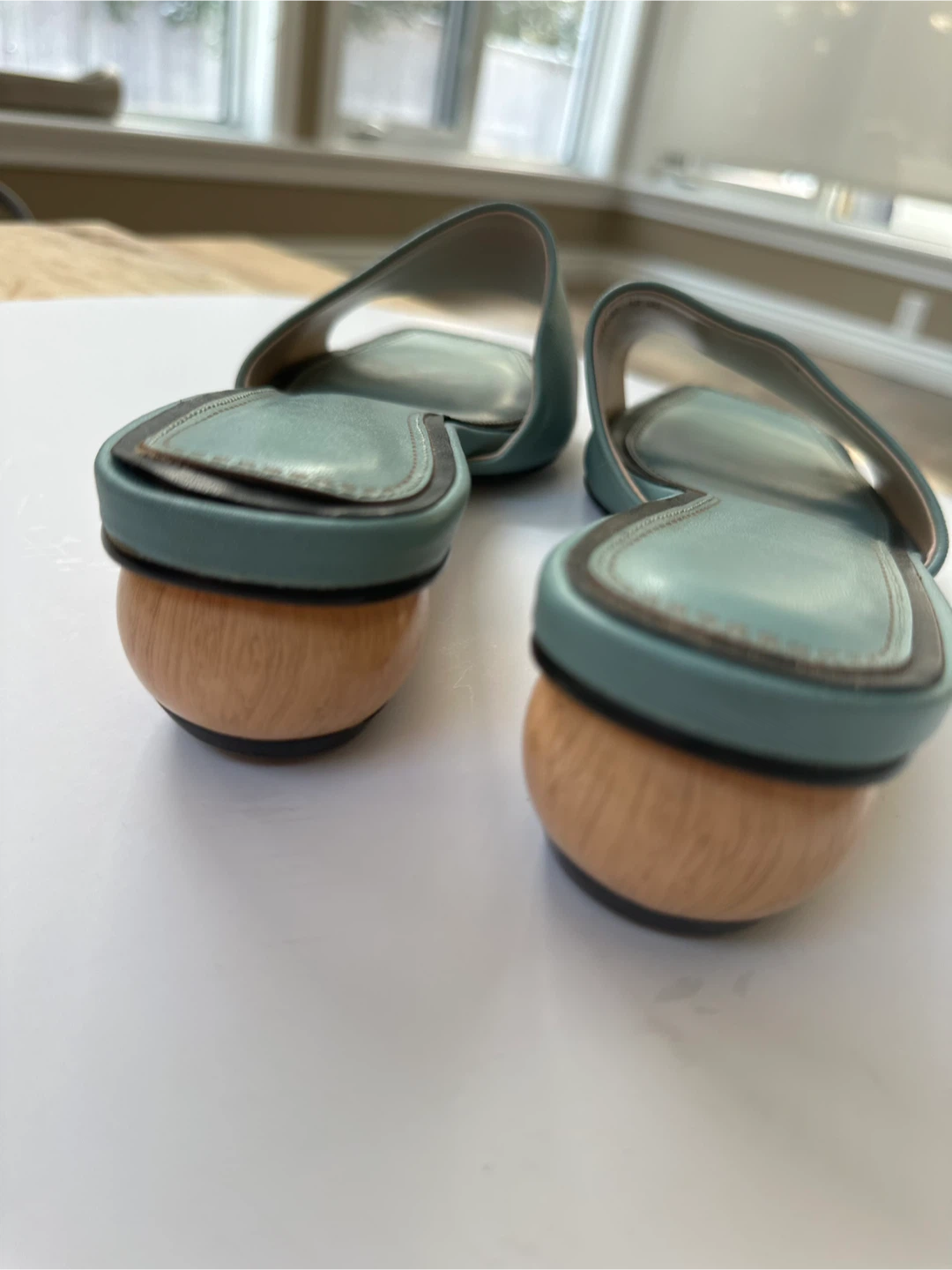 New! Stylish turquoise sandals with wooden heels  Sz. 8-8.5 - photo 2