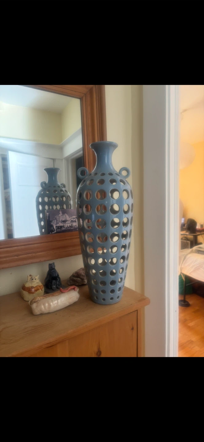 🥕 Blue Ceramic Vase with Circle Cutouts