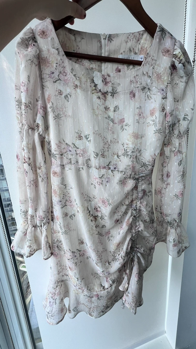 RUHOR Floral Ruched Square Neck Dress