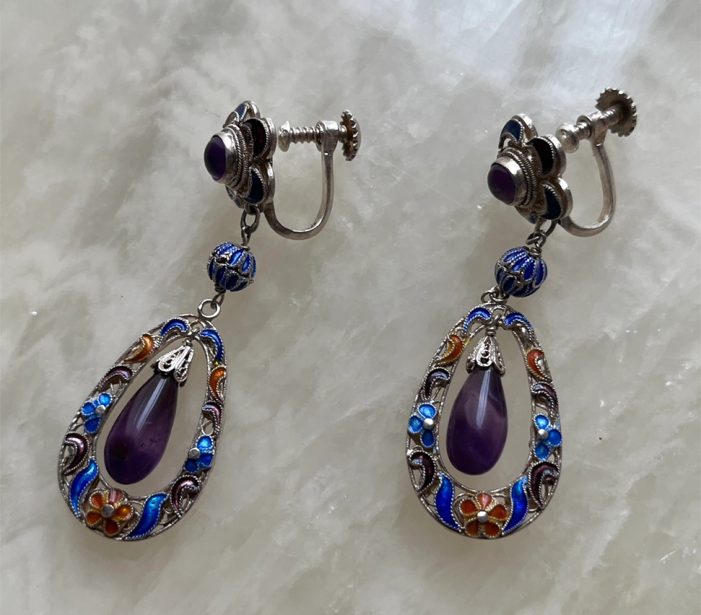 Vintage Enamel Amethyst Screw-Back Earrings - photo 2