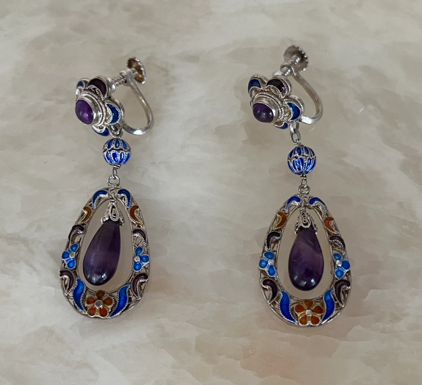 Vintage Enamel Amethyst Screw-Back Earrings