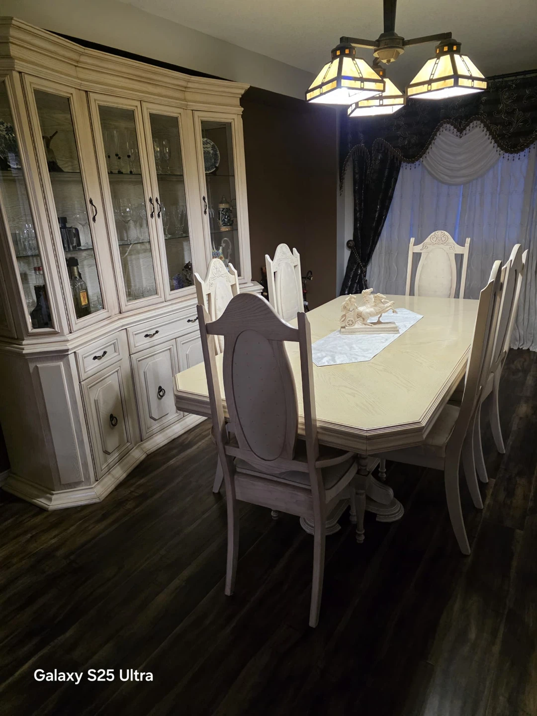 Cream Dining Room China Cabinet and Table Set