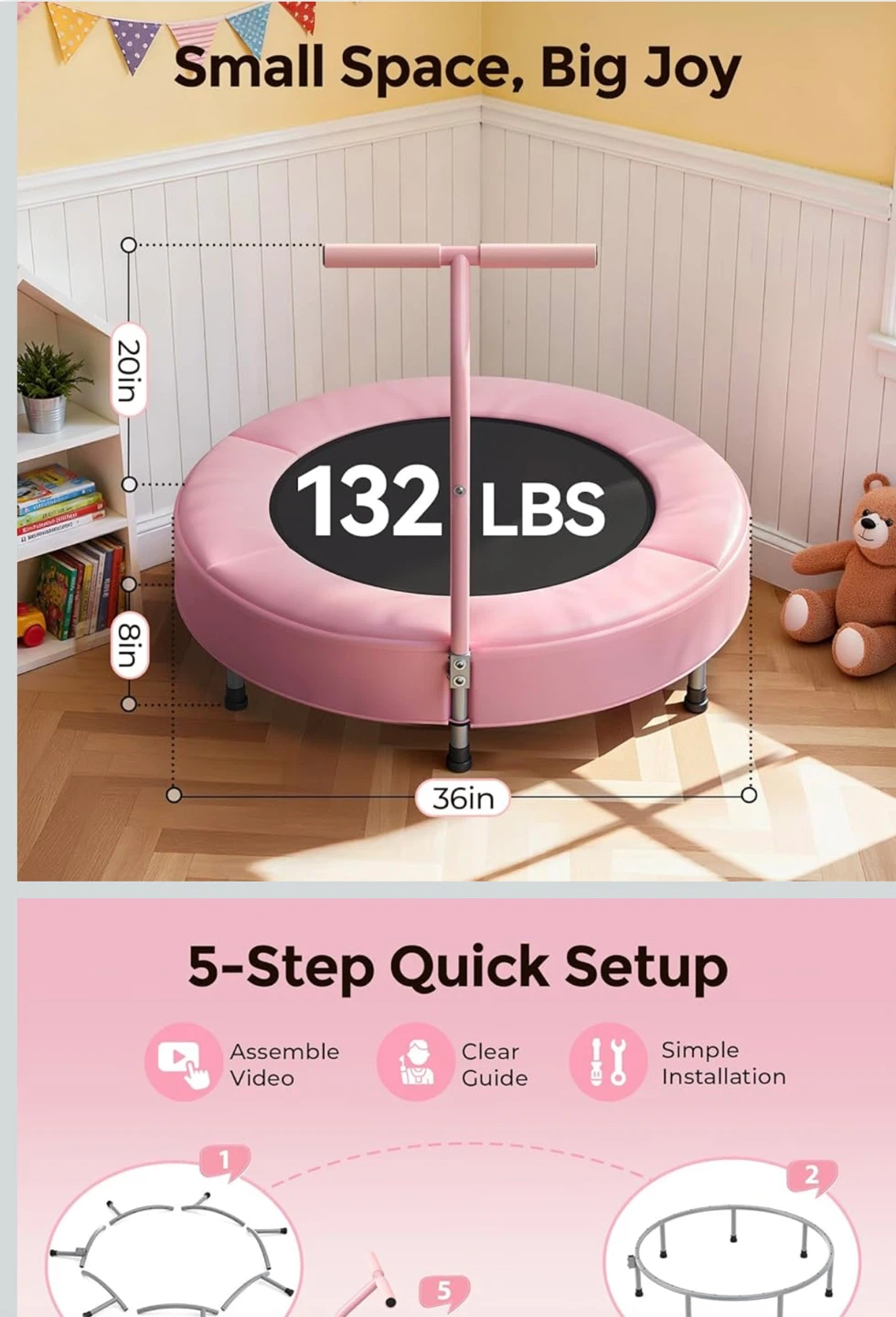 Pink 36" Toddler Trampoline with Handle