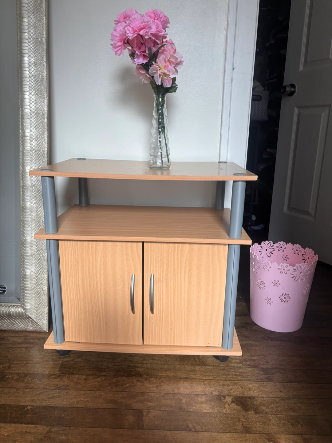 Wooden Rolling Cabinet with Two Doors