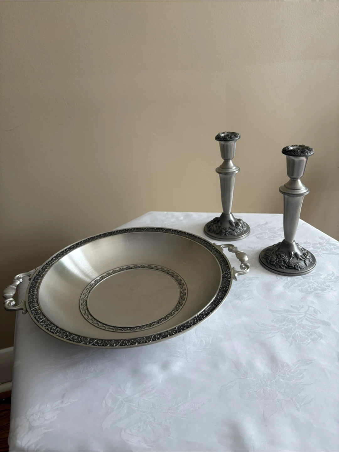 Vintage Pewter Candlestick Set and Serving server/Bowl